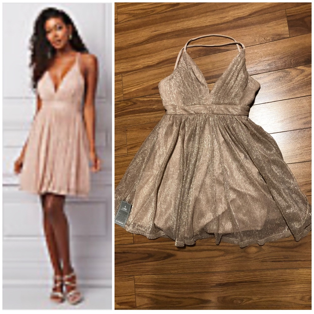 Le Chateau Mesh Sparkle Deep V Fit & Flare Short Blush Rose Gold Pink Dress S